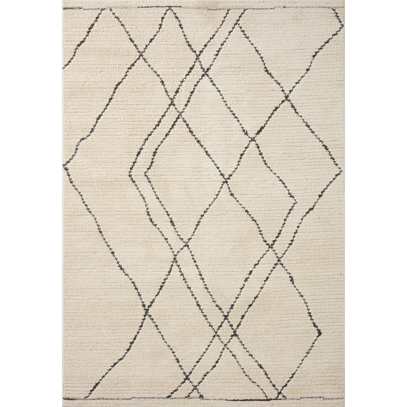 Tapis géométrique tissé à la machine à motif géométrique ivoire / gris anthracite Kismet, Rectangle 7 pi 10 po x 10 pi