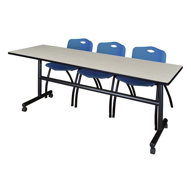 Table gigogne d'appoint Nevjana, 2 chaises empilables, Érable / Bleu