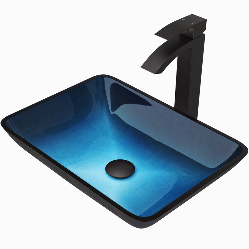 Lavabo de salle de bain rectangulaire en verre avec robinet H 12 po Donatello Sottile L 18 po x l 13 po x H 4 po, Gris onyx
