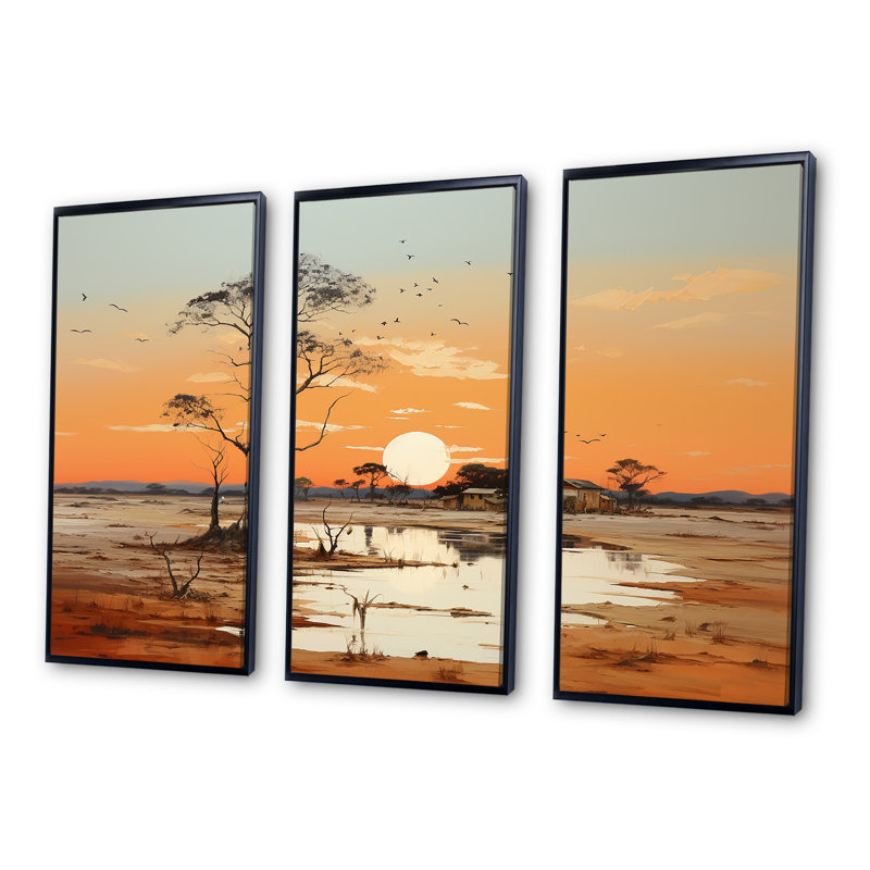 Paysage africain, coucher de soleil I - ensemble d'art mural sur toile Afrique, Cadre flottant noir