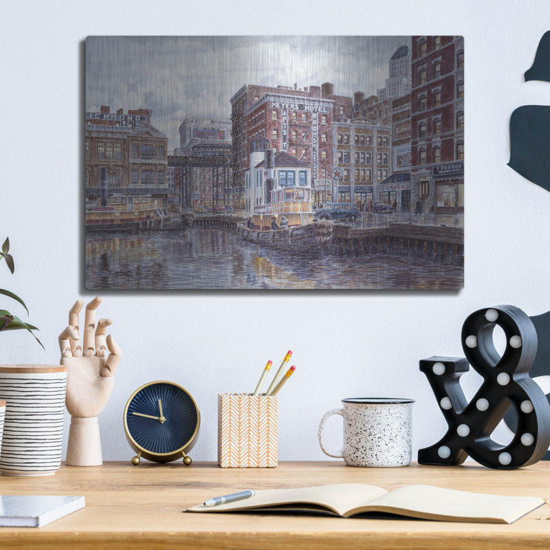 "Remorqueurs et tenements" par Stanton Manolakas, H 12 po x l 16 po