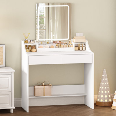 Dressing Table with LED Lights, Adjustable Brightness and Color, Vanity Table with Mirror, Vanity Desk with 2 Drawers and 2 Open Compartments, Modern, 90 cm Desktop, White 