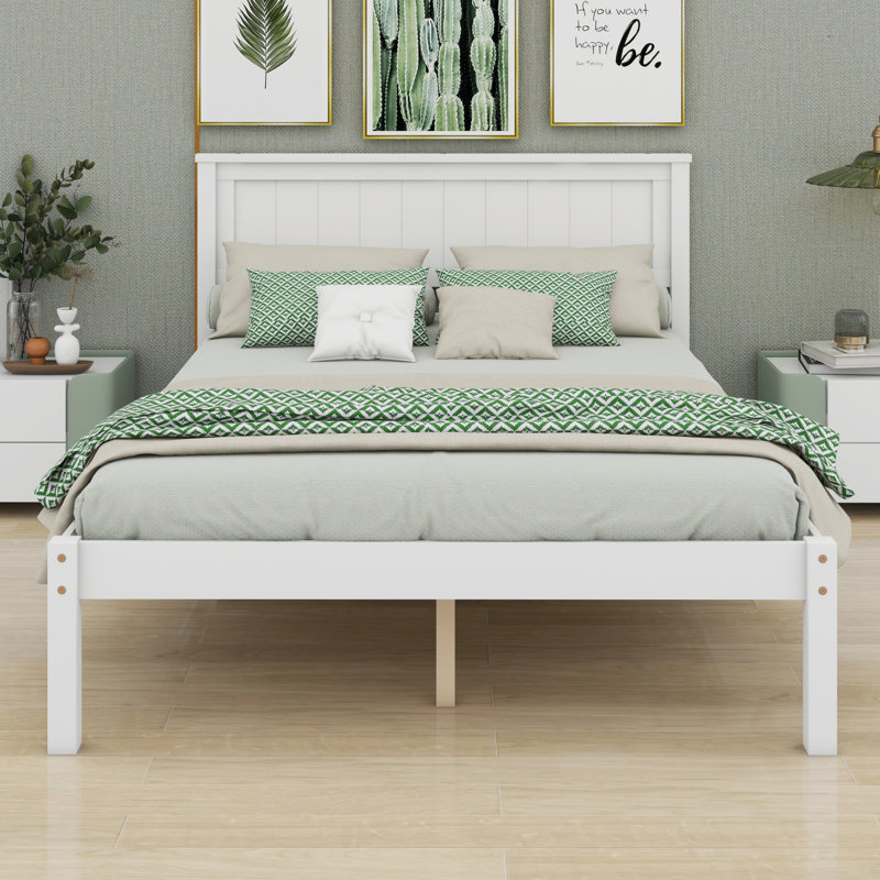 Base de lit plateforme avec tête de lit, support à lattes de bois, blanc