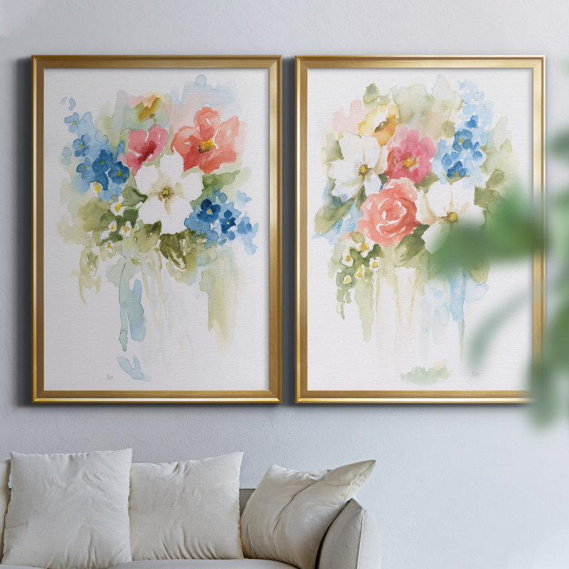 «Spring Medley I», ensemble de 2 reproductions d'art, H 18,5 po x l 49 po x P 1,5 po, Pas de tapis, Toile encadrée dorée
