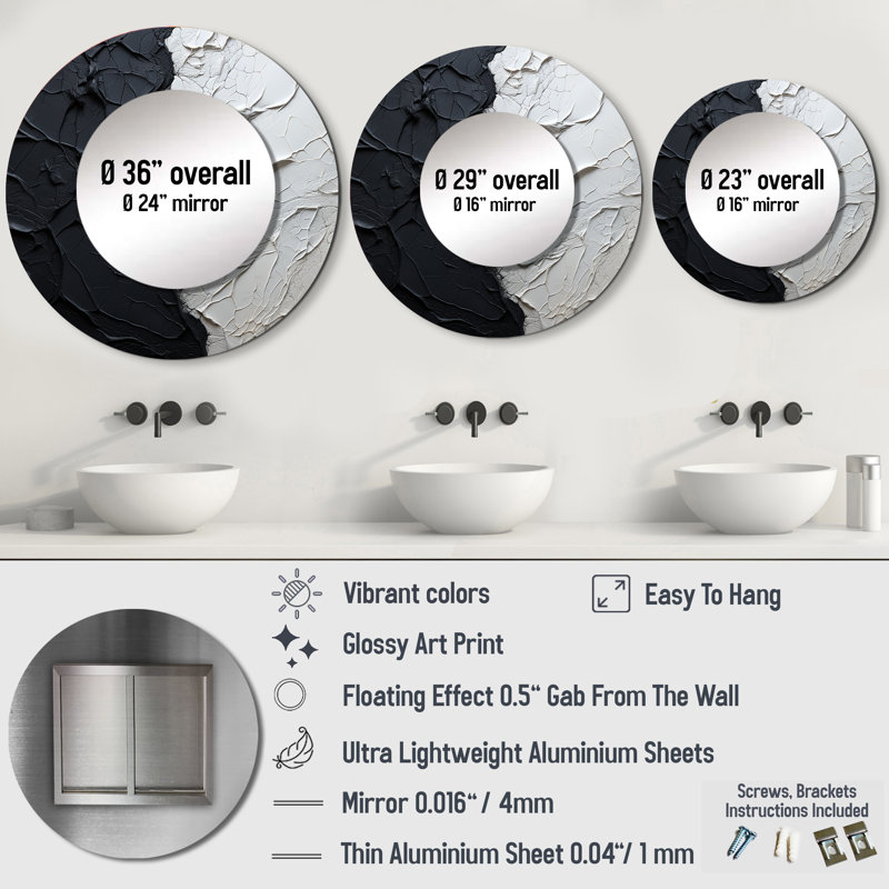 Rozerin Minimalism Black And White Paint Corner - Coastal Wall Mirror, Coastal Round Decorative Mirror, Printed Metal Art