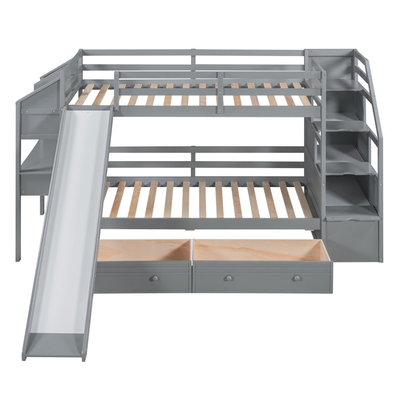  Lit superposé simple au-dessus de simple avec escalier de rangement, glissade, tiroirs et bureau avec tablettes, gris, gris