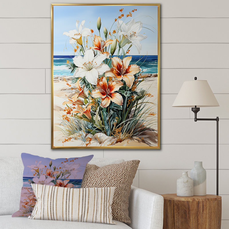 Fleurs saisonnières sur la plage sur toile, Cadre flottant doré, H 44 po x l 34 po x P 1,5 po