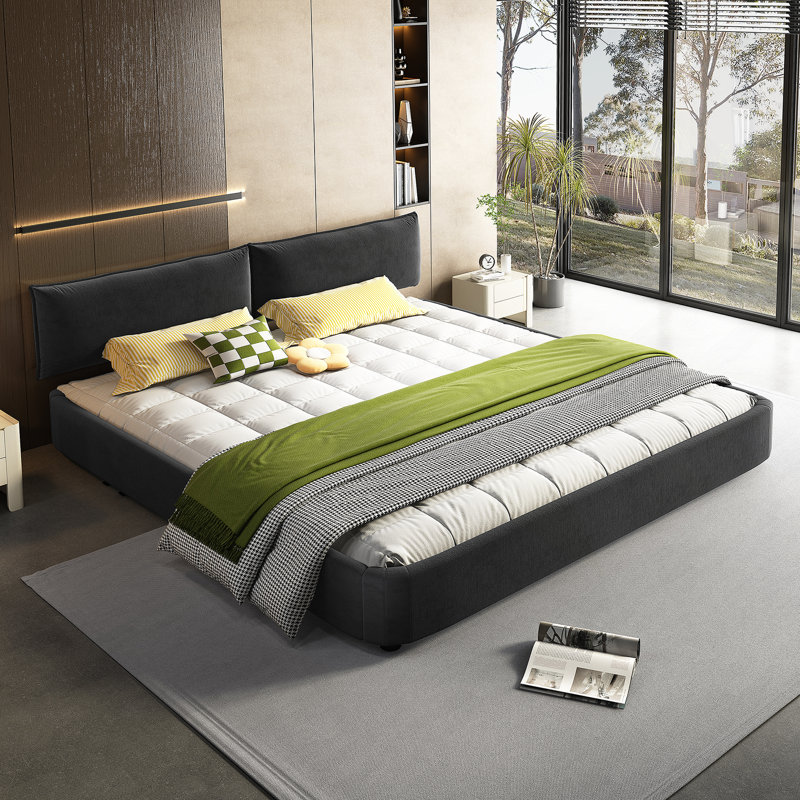 Très grande base de lit Cloud avec tête de lit mobile surdimensionnée et rembourrée, lit tapissier en chenille avec coin rond, support double en lattes de bois massif et métal, pas de sommier tapissier requis, gris foncé