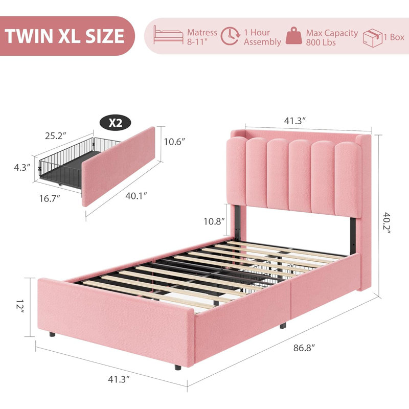 LED Twin Size Bed Frame with Storage Headboard with 2 Drawers Chic Wavy Headboard with Bookcase, Mattress Foundation with Wooden Slats Support, No Box Spring Needed