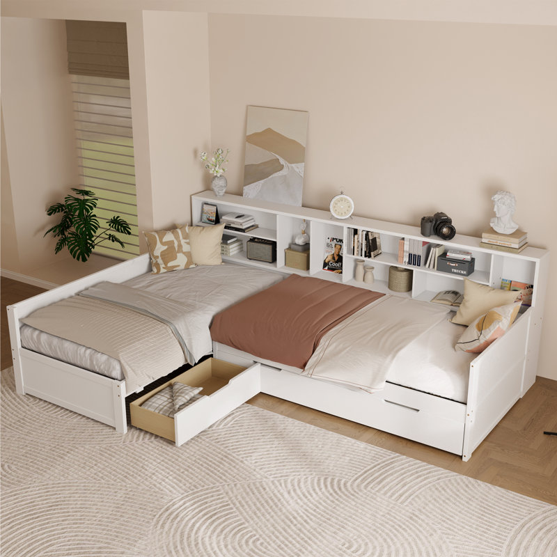 L-Shaped Daybed with Bookcase and Drawer in Solid Pine and MDF, White