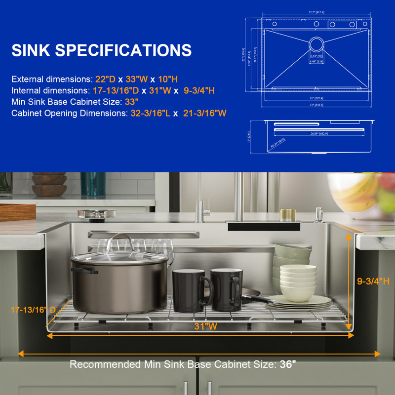 33'' L Drop-In Single Bowl  Kitchen Sink, Stainless Steel