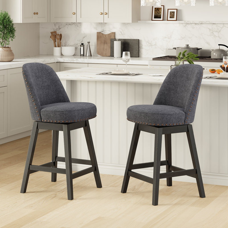 Vintage Upholstered Swivel Bar Stool with Solid Wood Legs, Dark Gray