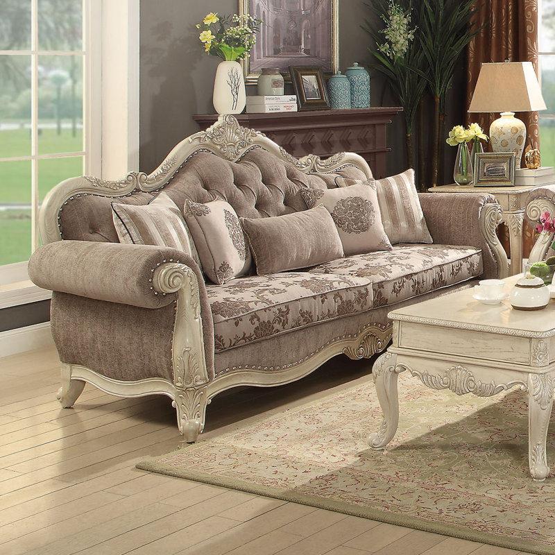 Cha Transitional Tufted Rolled Armrest Sofa with 5 Pillows and Floral Pattern, Antique White, Grey Polyester