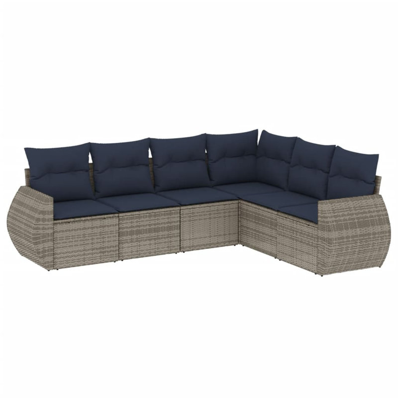 7 Piece Patio Sofa Set With Cushions Black Poly Rattan, Navy Blue Cushion/Gray Frame