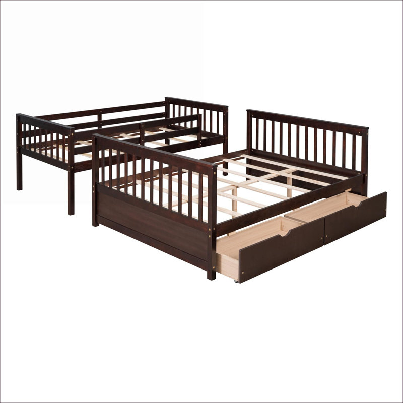 Platform Bunk Bed Twin-over-Full Sleeper with Under-Bed Storage Drawers, Solid Wood, Brown Finish