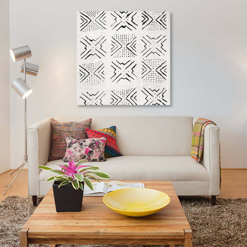 « mudcloth white geometric design v », reproduction d’impression sur toile, H 26 po x l 26 po x P 1,5 po, Toile tendue
