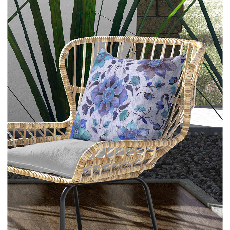 Coussin intérieur / extérieur Retro Floral, Bleu, Carré 26 po