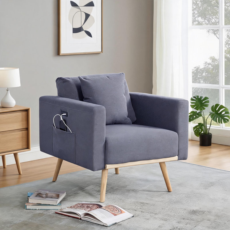 Fauteuil d'appoint 32,5 pouces en lin gris froid avec chargement USB pour sièges de salon