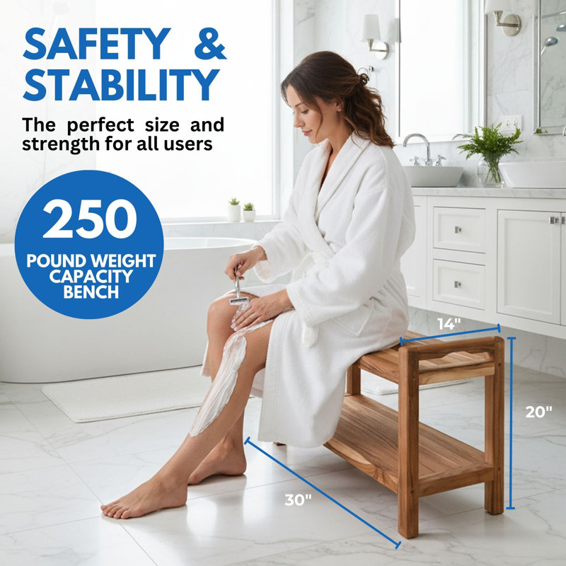 EcoDecors 29" W, Classic Teak Shower Bench, Includes integrated Shelf, with LiftAid Arms, in Earthy Teak 