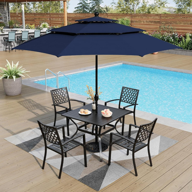 Table de salle à manger carrée en métal et acier avec trou pour parasol de 1,57 po