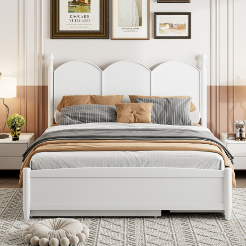 Grand lit plateforme avec tiroirs et lit gigogne, Blanc