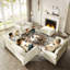 Canapé Chesterfield 82,6 po rembourré en velours avec garniture cloutée et accoudoirs roulés, canapé style Mid-Century moderne capitonné avec boutons, beige / blanc-1165501058