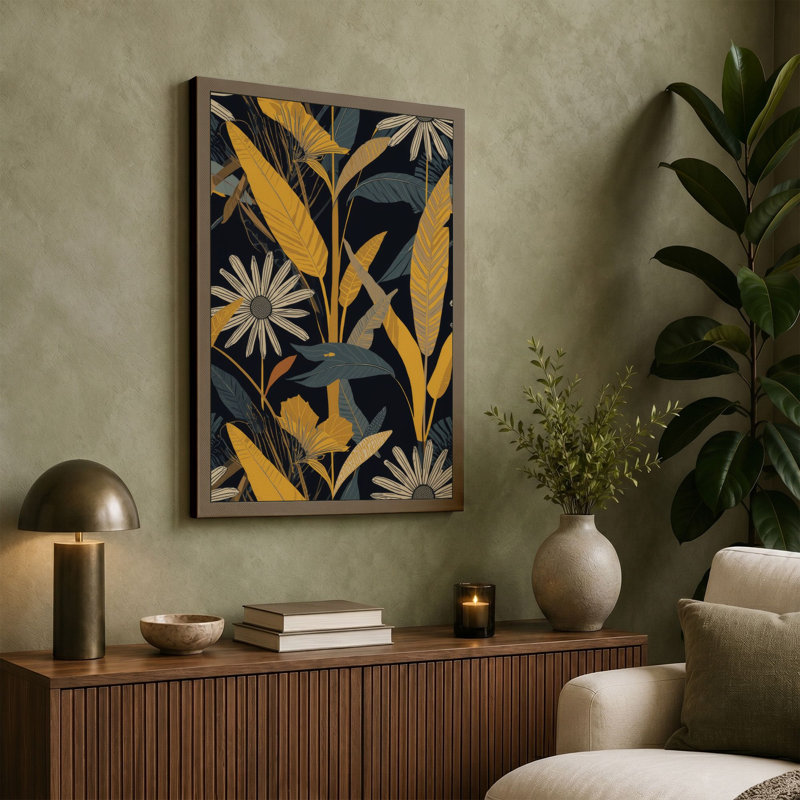 Navy Pattern Botanical - Wrapped Canvas, 18x12 - 45.7 x 30.5 cm, Ochre Border