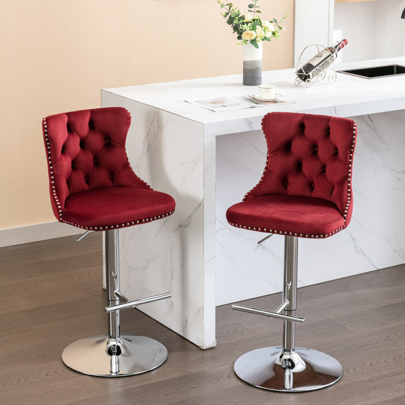 Hauteur réglable, revêtement en velours, base, rouge vin / bourgogne, pour tabourets de bar pivotants avec hauteur et cuisine