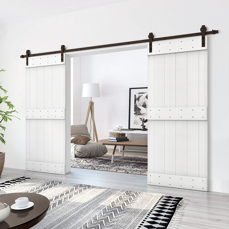 Porte de grange en bois massif lambrissé et métal, Blanc pur, 60 po x 84 po