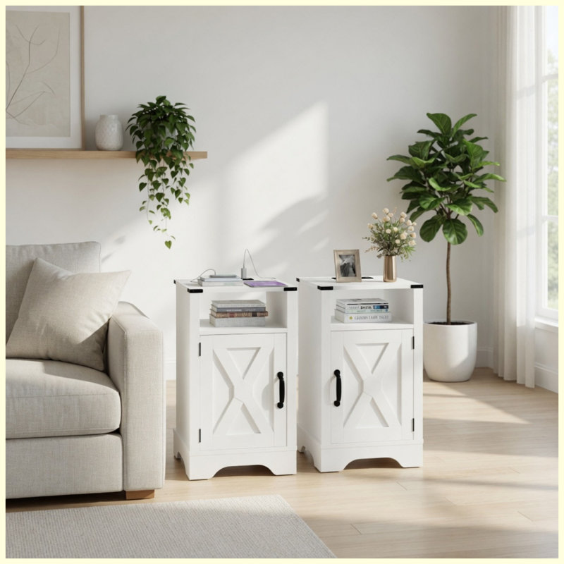 Ensemble de 2 tables de chevet blanches de 16 po avec station de charge et rangement, tables de chevet pour la chambre à coucher