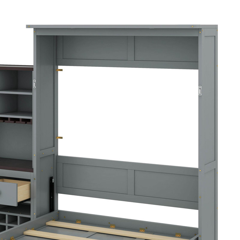 Grand lit escamotable avec armoire de rangement, tiroirs et bande DEL multicolore, Gris