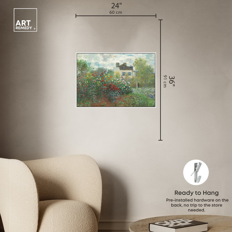«Monet Garden With Dahlias» par Art Remedy, Cadre blanc, H 37 po x l 25 po