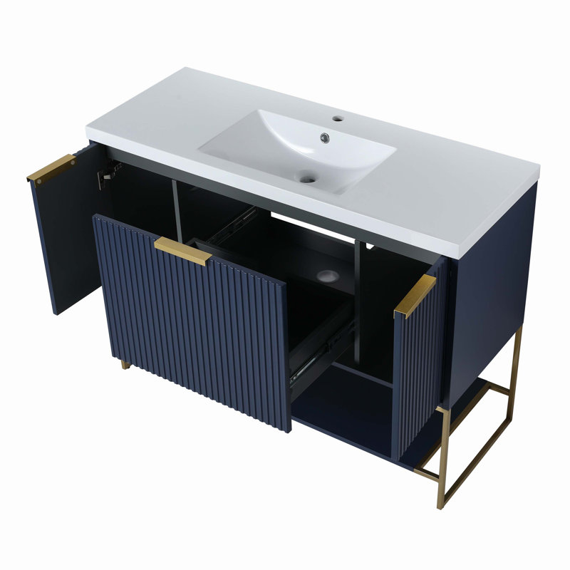 Holstebro 18.10'' Single Bathroom Vanity with Manufactured Wood Top, Navy, Gold