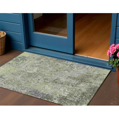 3' X 5' Green And Gray Abstract Washable Indoor Outdoor Area Rug