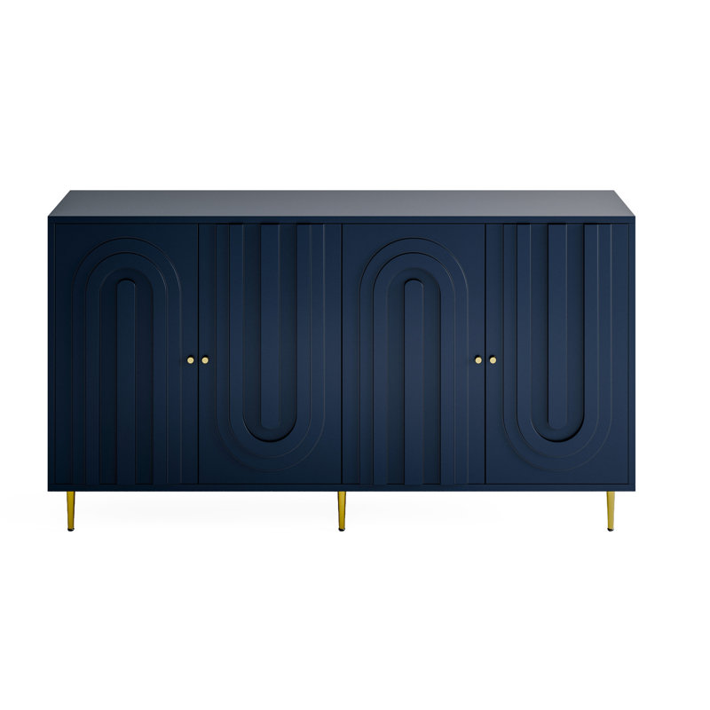 4 Door Blue Lacquered Cabinet For Entryway, Kitchen. Adjustable Shelves, Modern In Blue. For Dining Room, Office. Stable Construction