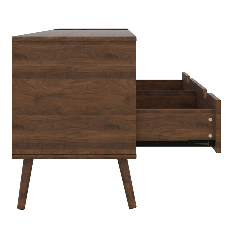 Meuble télé 70 po avec tiroirs et porte rabattable, console média en bois pour téléviseur de 80 po ou moins, meuble audio-vidéo rétro avec rangement