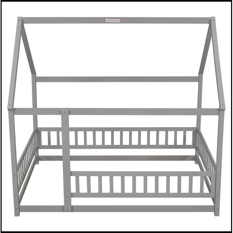 Full Size Floor Wooden Bed With House Roof Frame, Fence Guardrails ,Grey(Old SKU:W50471474), Full