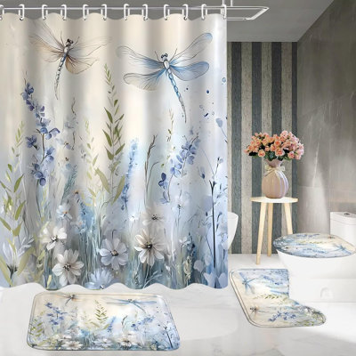 Dragonfly Floral Shower Curtain Sets 4PCS Non-Slip Bathroom Rug Set