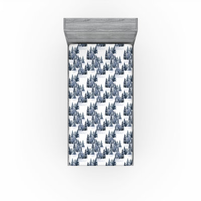 Ambesonne Winter Fitted Sheet Pine Trees Snowy Forest Art Sea Blue Off White
