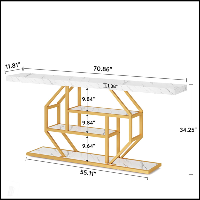70.9 Inch Extra Long Console Table With 4-Tier Storage, Modern Gold Faux Marble Accent Table For Living Room And Hallway
