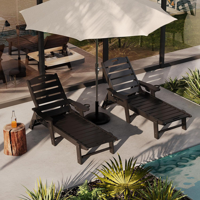 Chaise longue d'extérieur en PEHD pour l'extérieur, surdimensionnée à 5 positions avec porte-gobelet, Noir