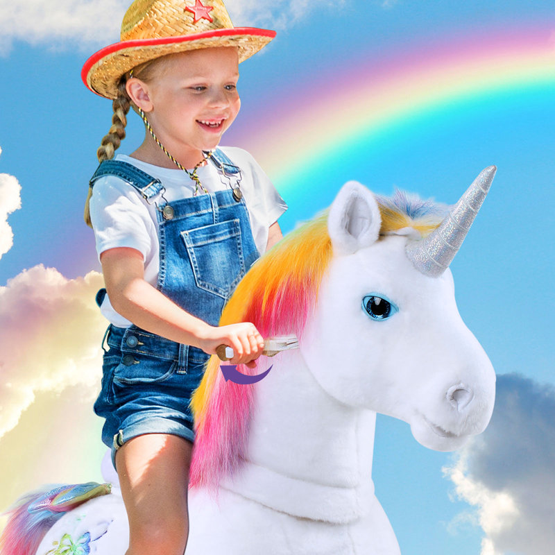 Rainbow Plush Unicorn Ride-On Toy for Ages 3-5