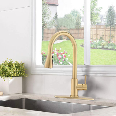 Stainless Steel Brushed Gold Kitchen Faucet, Spot , Pause Button, 1.8Gpm Flow Rate, 8.66" Spout Reach, Gorgeous Pull Down Faucet In Gold, Steel, Max To Rust And Fingerprints, Fashionable Look