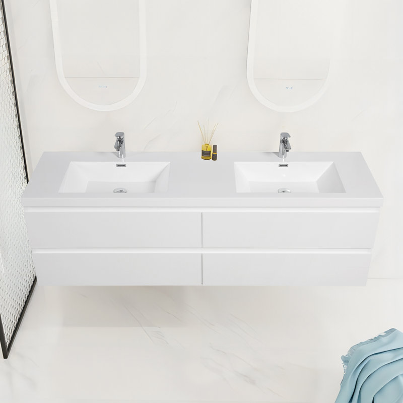 Meuble-lavabo double 72 po avec plateau en résine Leonelo, Blanc