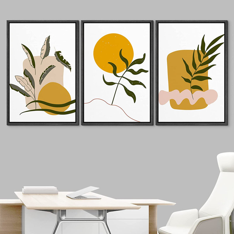 «Mid Century Shape Abstract Shapes Botanical Plant», 3 pièces, cadre flottant, impression sur toile, Noir