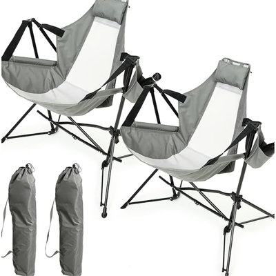 Chaise de camping, chaise berçante pliante portative avec porte-gobelet, pour pelouse, sac de transport 2 pièces gris, jardin,