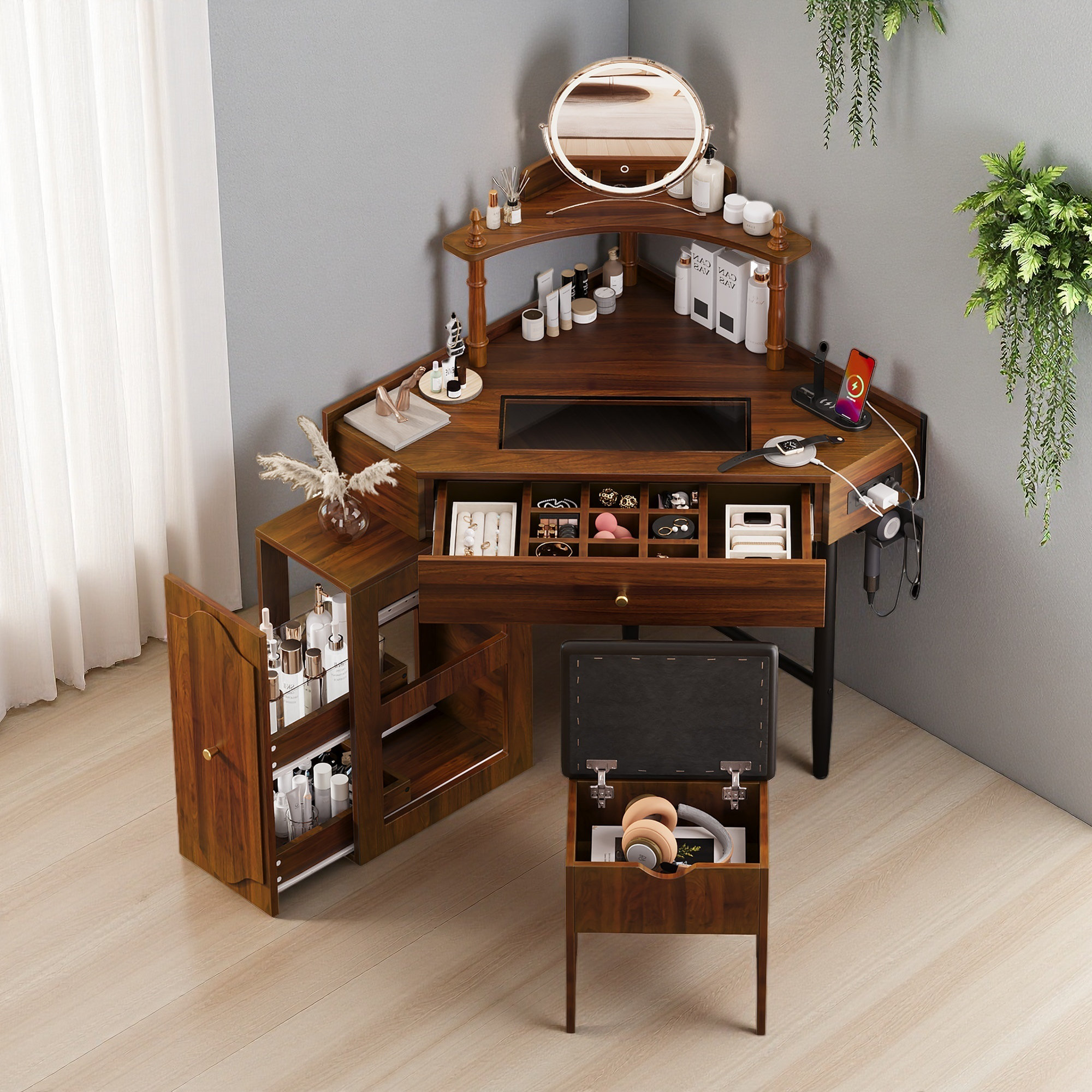 Lark Manor™ Corner Vanity Desk Set With Storage Cushioned Stool And ...