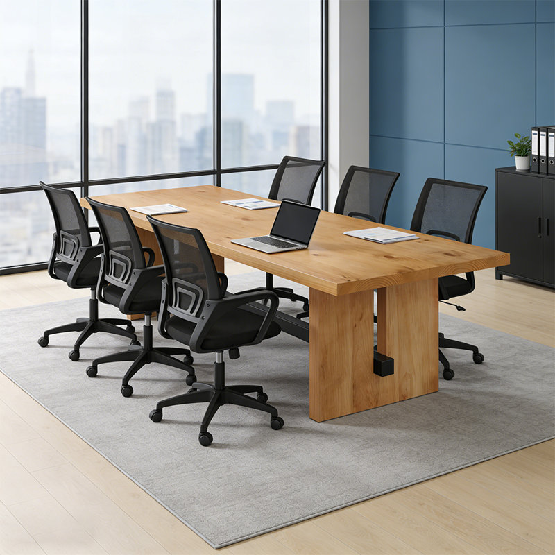 Ensemble de table de conférence en bois massif pour 6 personnes avec chaise de bureau ergonomique, Noir