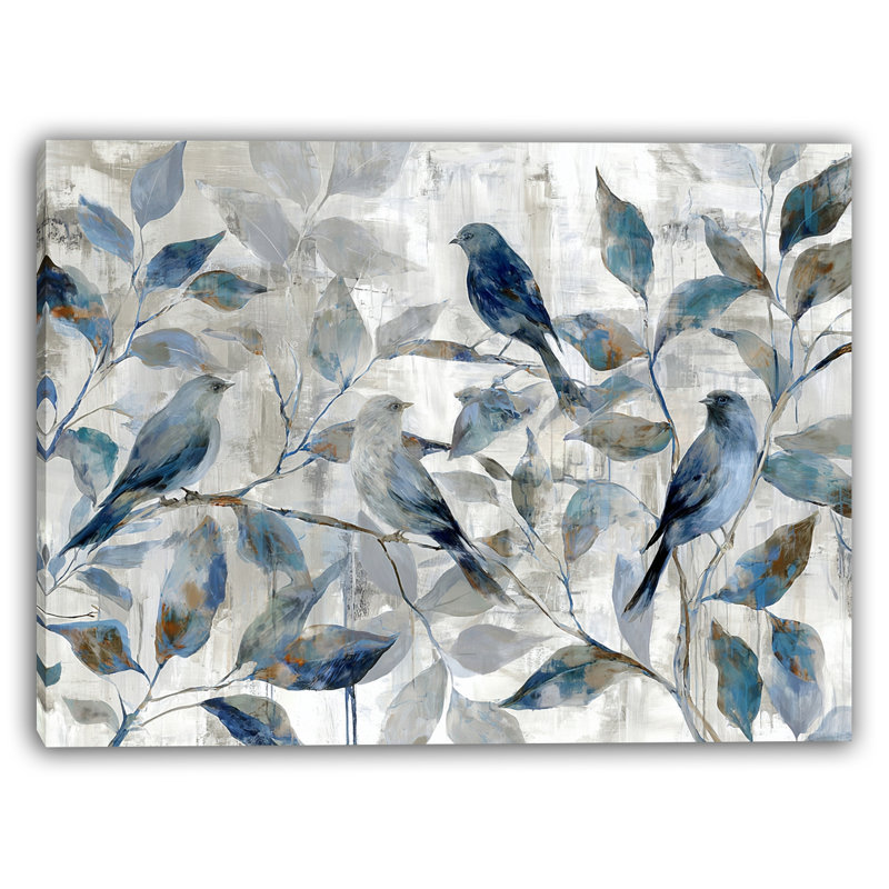«Whispers in Blue - Tranquil Birds and Leaves», art mural