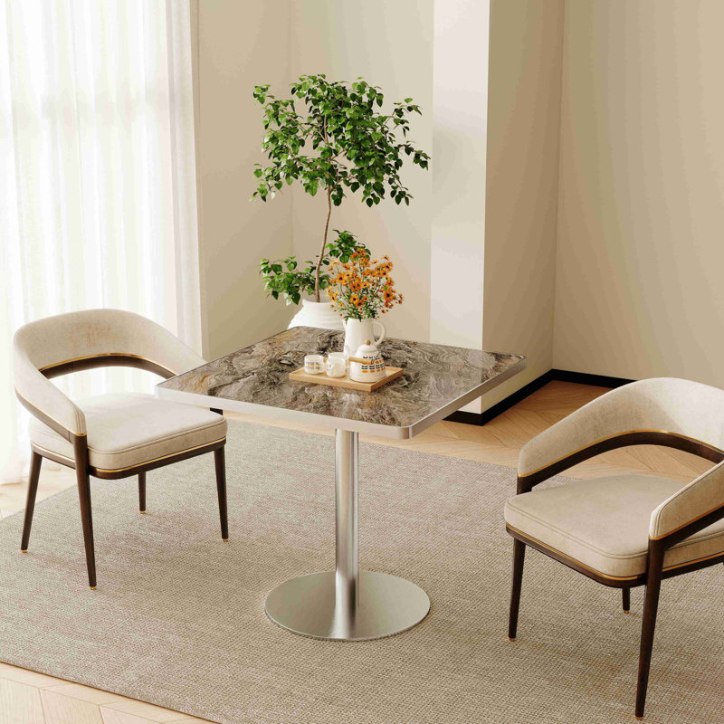 Table carrée bistro moderne avec plateau tulipe et plateau en faux marbre, facile à assembler, structure en métal robuste